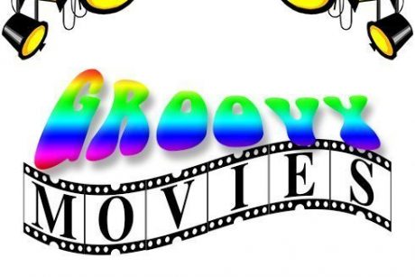 Illustration of Groovy Movies title with studio lights above it