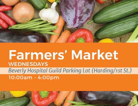 A graphic with an overhead shot of various vegetables. It says "Farmer' Market Wednesdays Beverly Hospital Guild Parking Lot (harding/1st St.) 10am - 4pm"