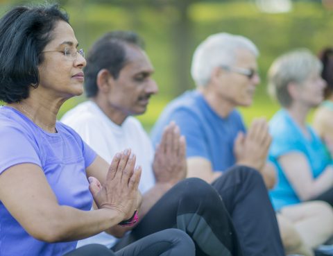 A multi-ethnic group of senior and elderly people are meditating and practicing yoga in the park.
