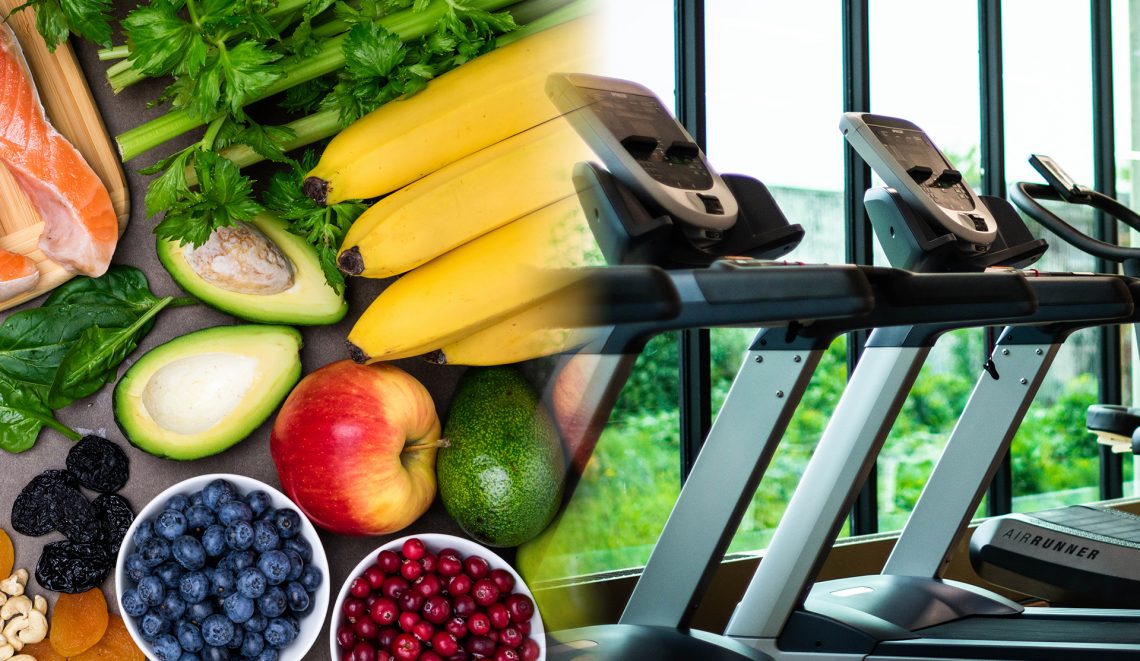 Graphic with photo of fruits and vegetables on left side and row of treadmills on right side