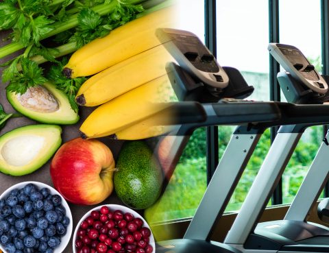 Graphic with photo of fruits and vegetables on left side and row of treadmills on right side