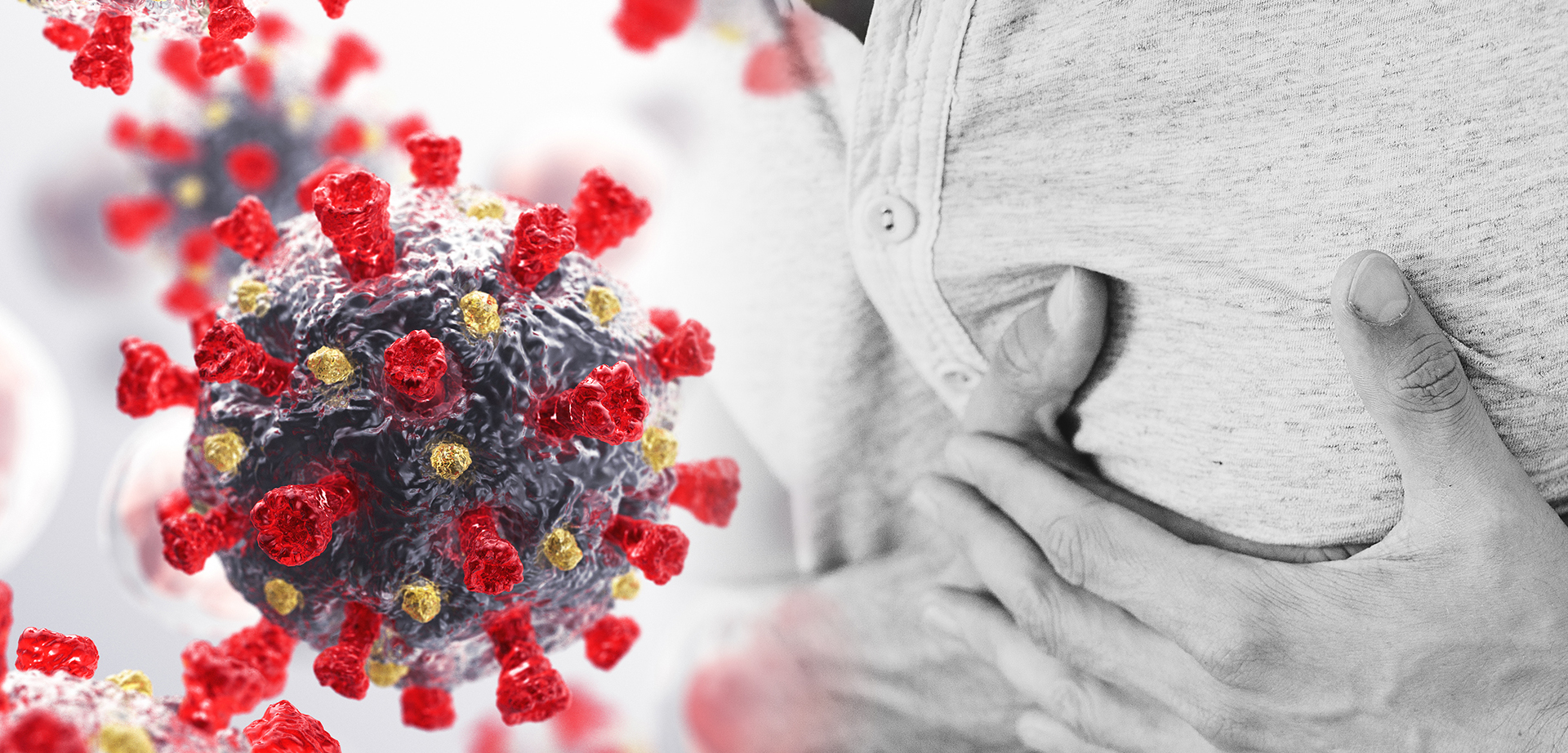 Graphic with 3d render of Coronavirus on left side and photo of male holding chest in distress on right